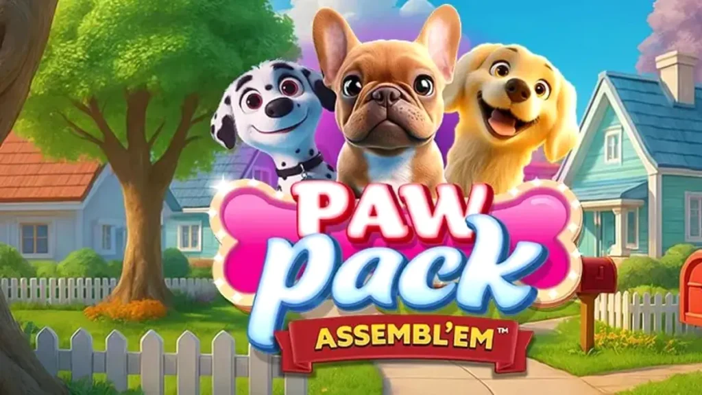 Tampilan visual slot Paw Pack Assembl’Em dengan karakter anjing kartun