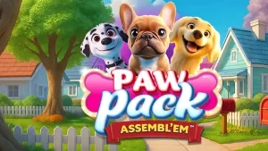 Tampilan visual slot Paw Pack Assembl’Em dengan karakter anjing kartun