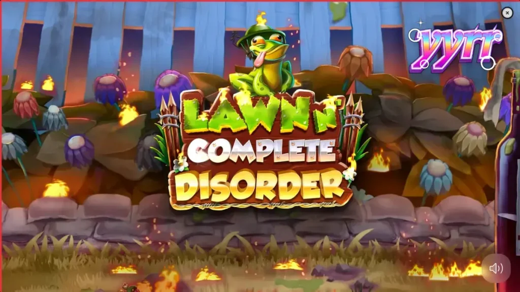 Tampilan visual slot Lawn N’ Complete Disorder dengan tema taman yang terbakar